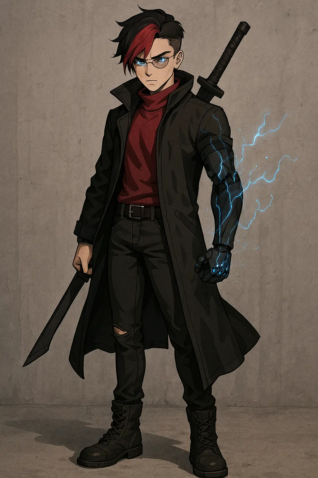 Aparência: 1 menino, cabelo vermelho e preto, undercut, olhos brilhantes, olhos azuis, braço robótico, casaco preto, espada, a segurar uma arma, botas de combate, eletricidade