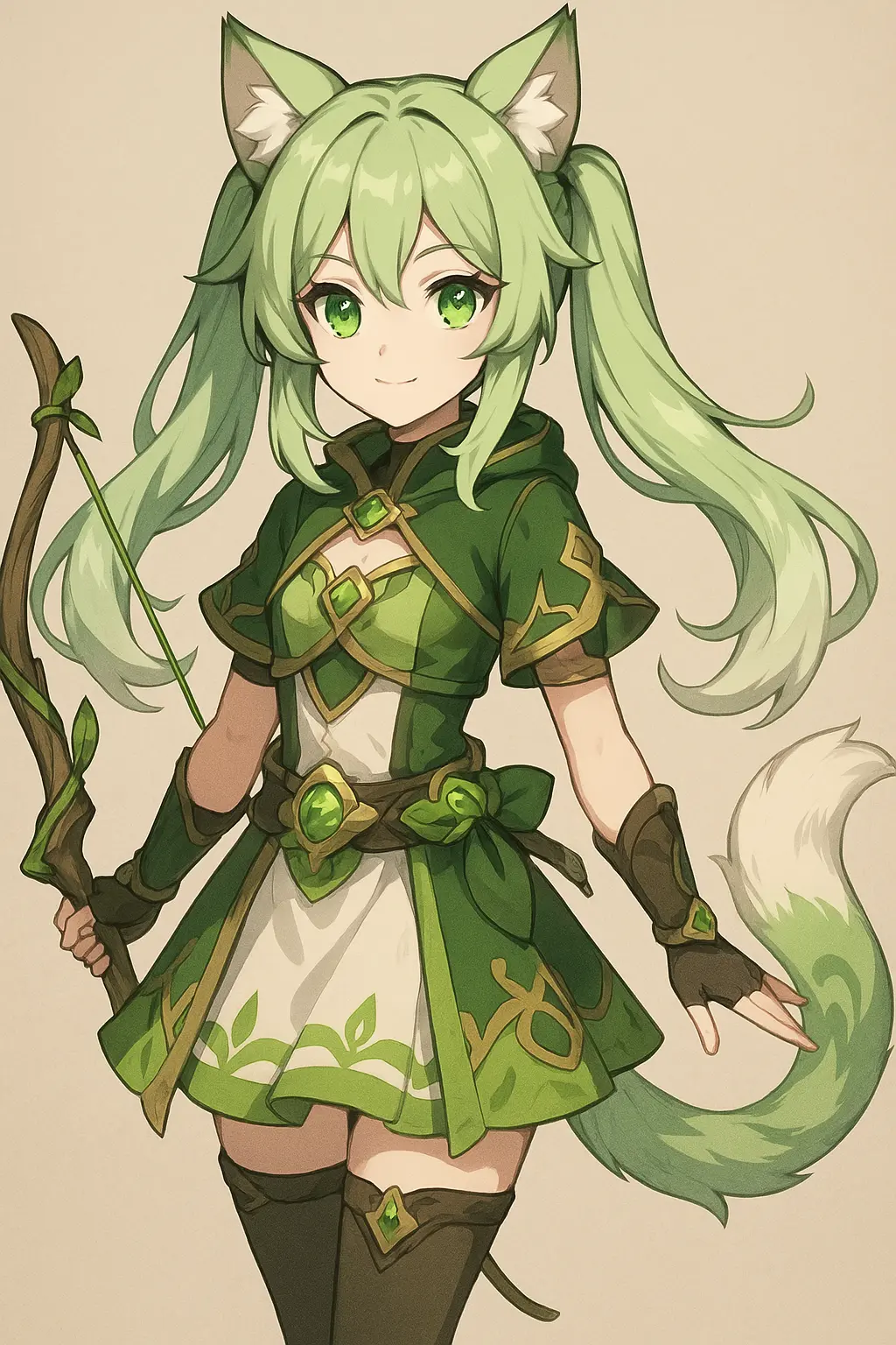 Aparência: 1 menina, orelhas de gato, olhos verdes, marias-chiquinhas, cabelo verde menta, cabelo comprido, roupa verde, motivo de folha, meias até à coxa, acessório de folha, a segurar um arco, vinhas, cauda de gato, estilo Genshin Impact