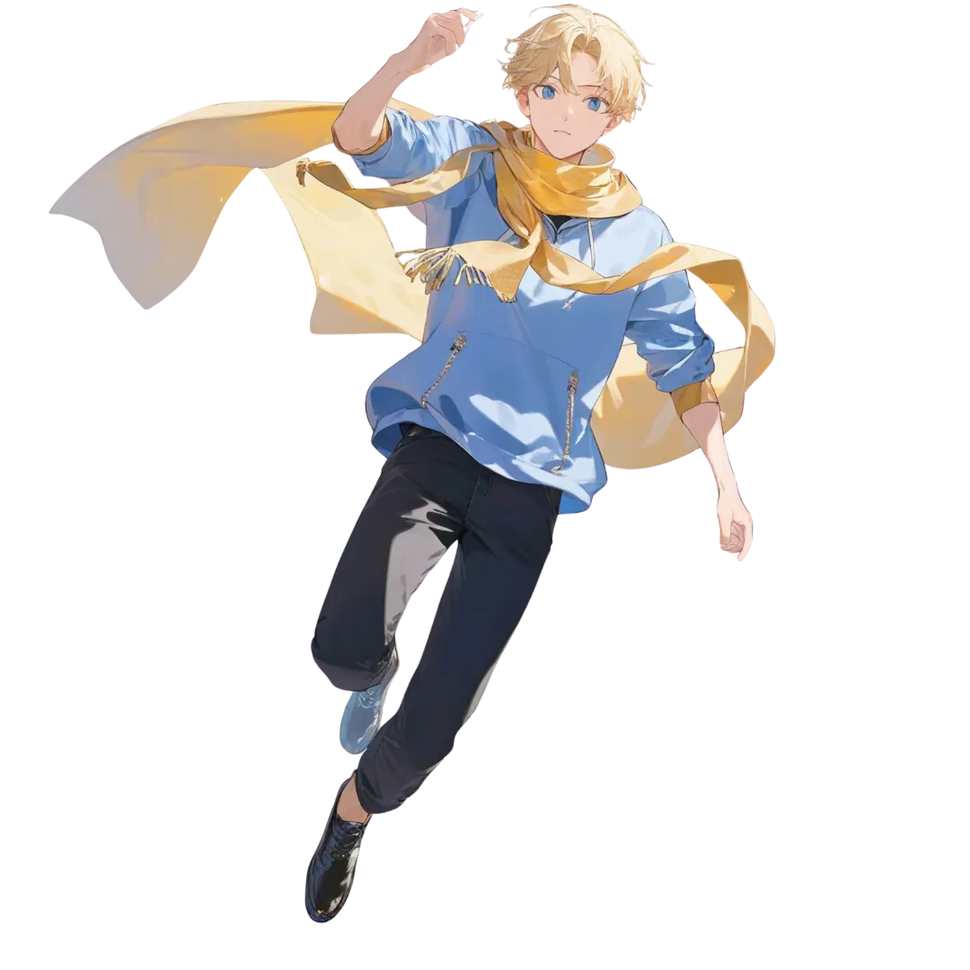 Aparência: 1 menino, cabelo loiro, cabelo curto, olhos azuis, cachecol amarelo, moletom azul, fecho, roupa casual, calças pretas, mocassins, sapatos pretos, a olhar para o espectador