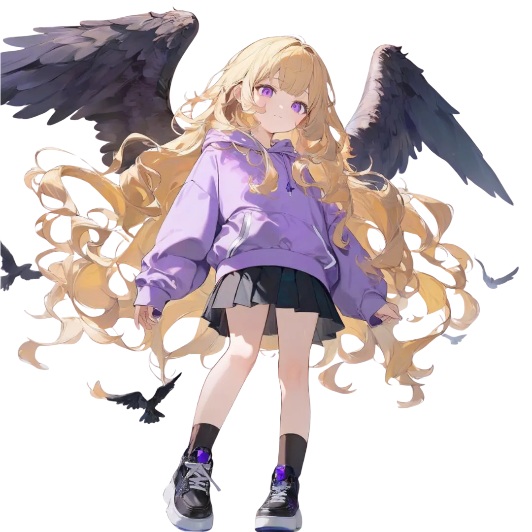 Aparência: 1 menina, cabelo loiro, cabelo encaracolado muito comprido, olhos roxos, moletom roxo, saia plissada preta, meias pretas, tênis pretos, asas pretas, a olhar para o espectador