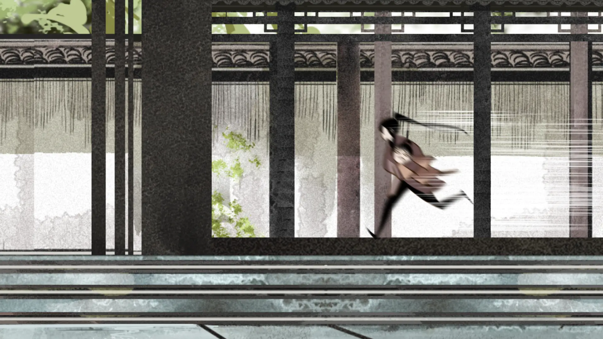 In the frame, a person sprints forward at high speed, their motion appearing slightly blurred from the velocity.