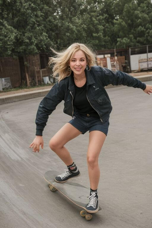 The girl skateboarding, repeating the endless spinning and dancing and jumping on a skateboard, with clear movements, full of charm.