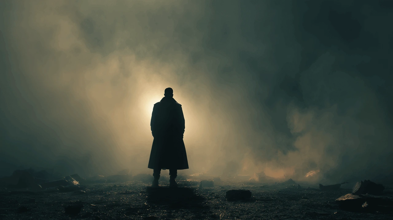 The camera quickly zooms in on the man from a distance